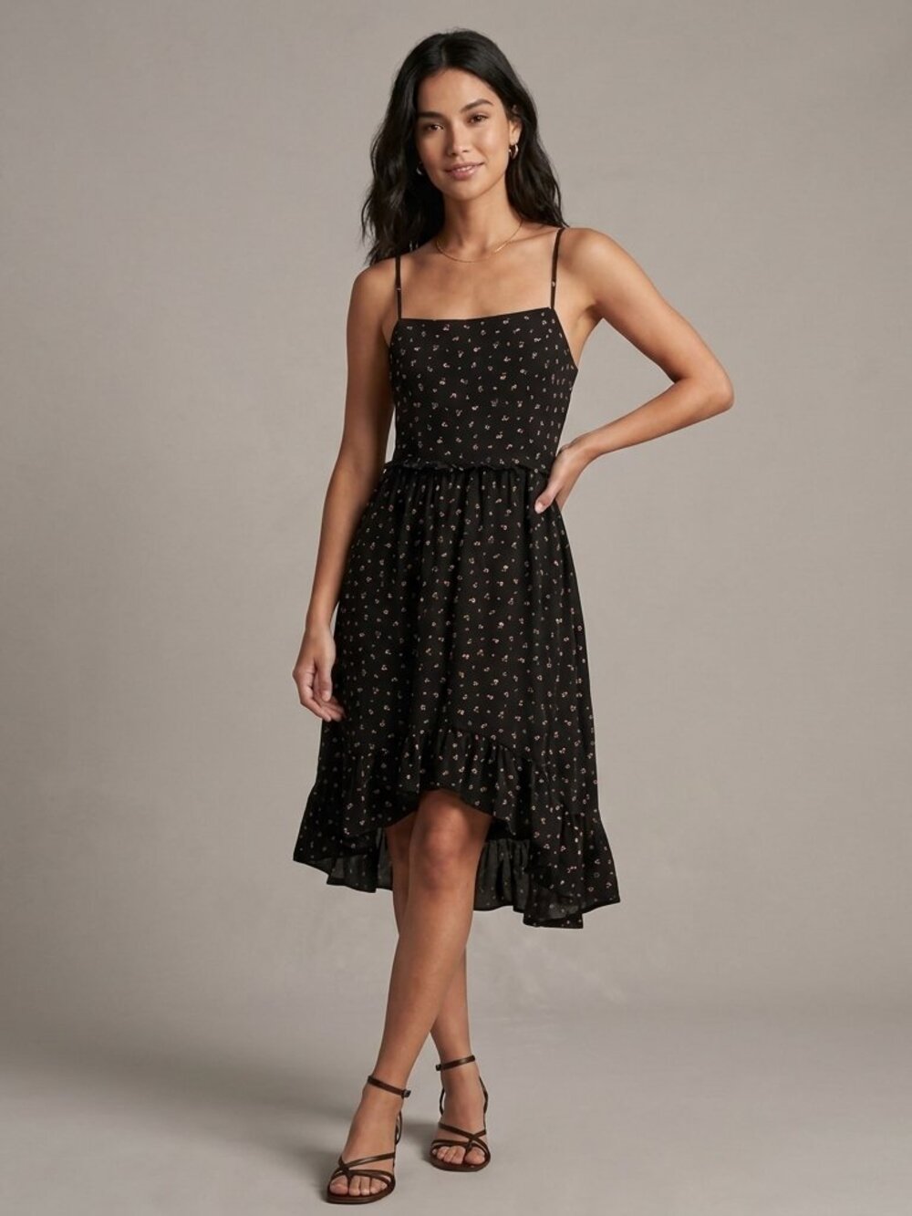 Forever 21 Black Ditsy Floral Asymmetrical Ruffle Hem Mini Sundress - Size S